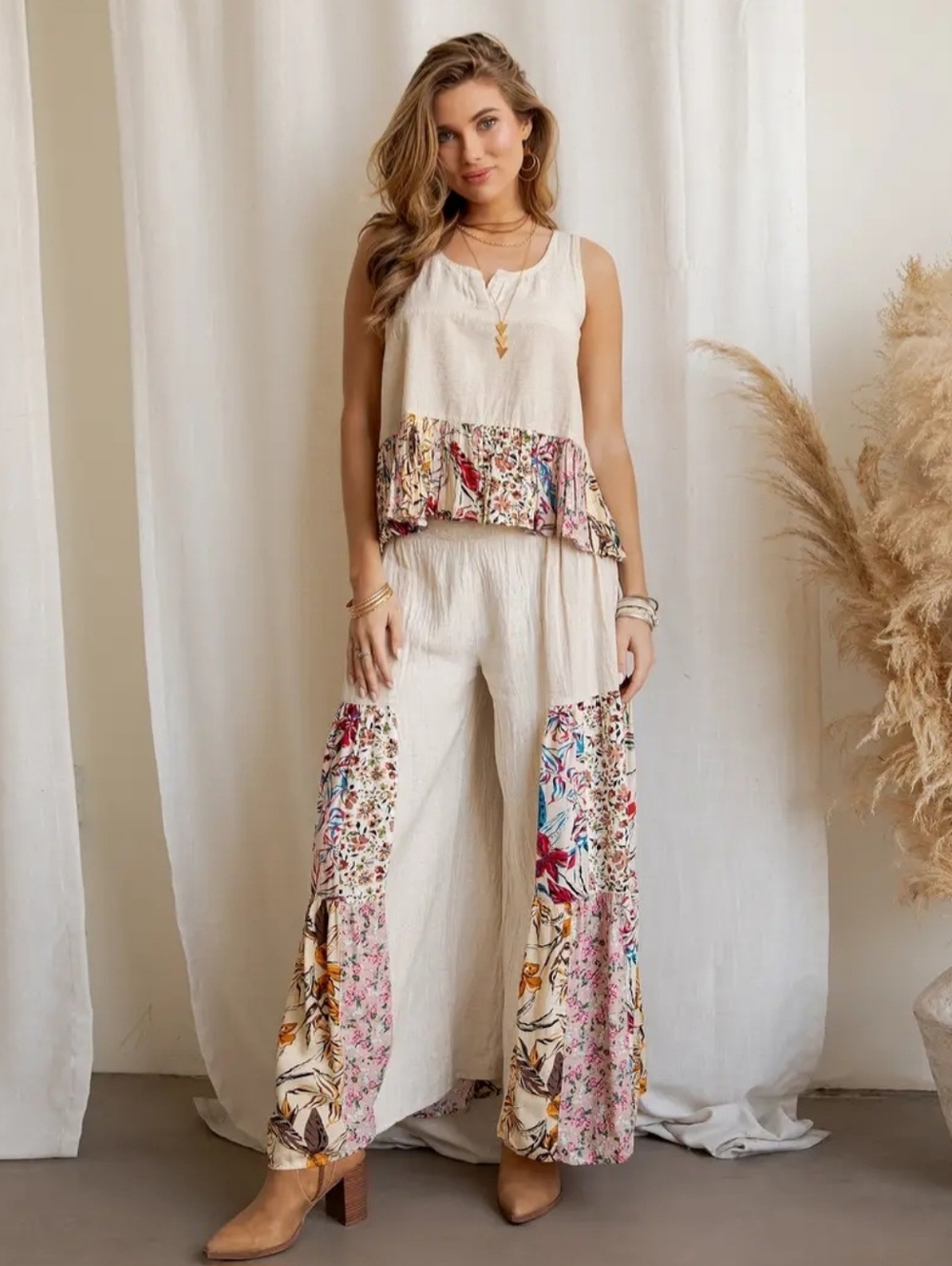 #1492 Young Threads Meadowlight Patchwork Ruffle Tank & Wide-Leg Pant Set